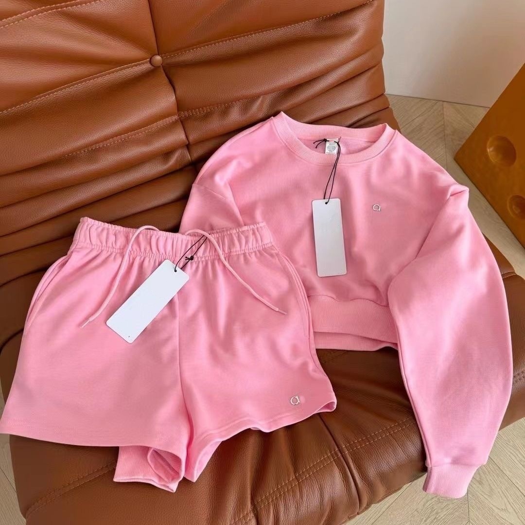 A1933 Solid Color Round Neck Sport Sweatshirt and Shorts Set with Drawstring Elastic for Spring/Summer Short Sleeve Shirt Women Shorts Set
