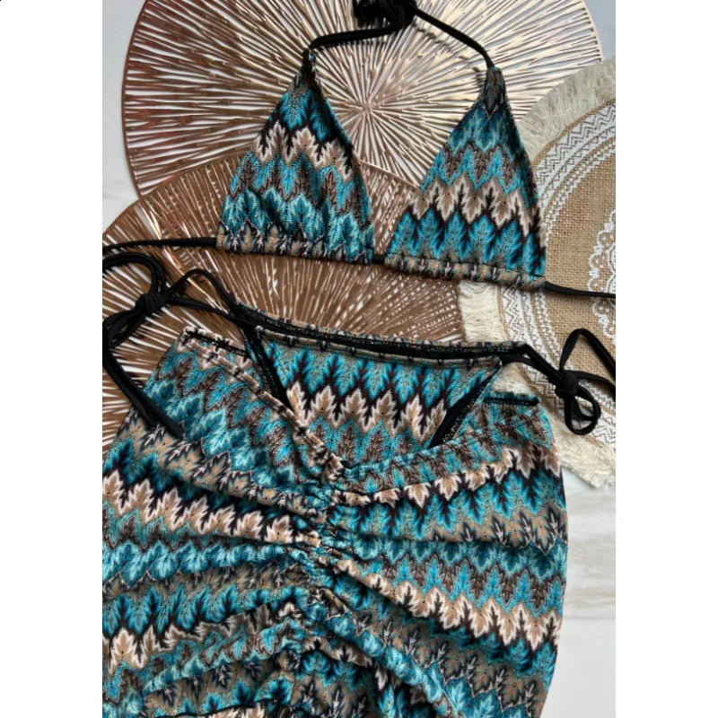 Costume da bagno estivo da donna 3 pezzi bikini lavorato a maglia con costumi da bagno avvolgenti con scollo all'americana per vacanze al mare 26060