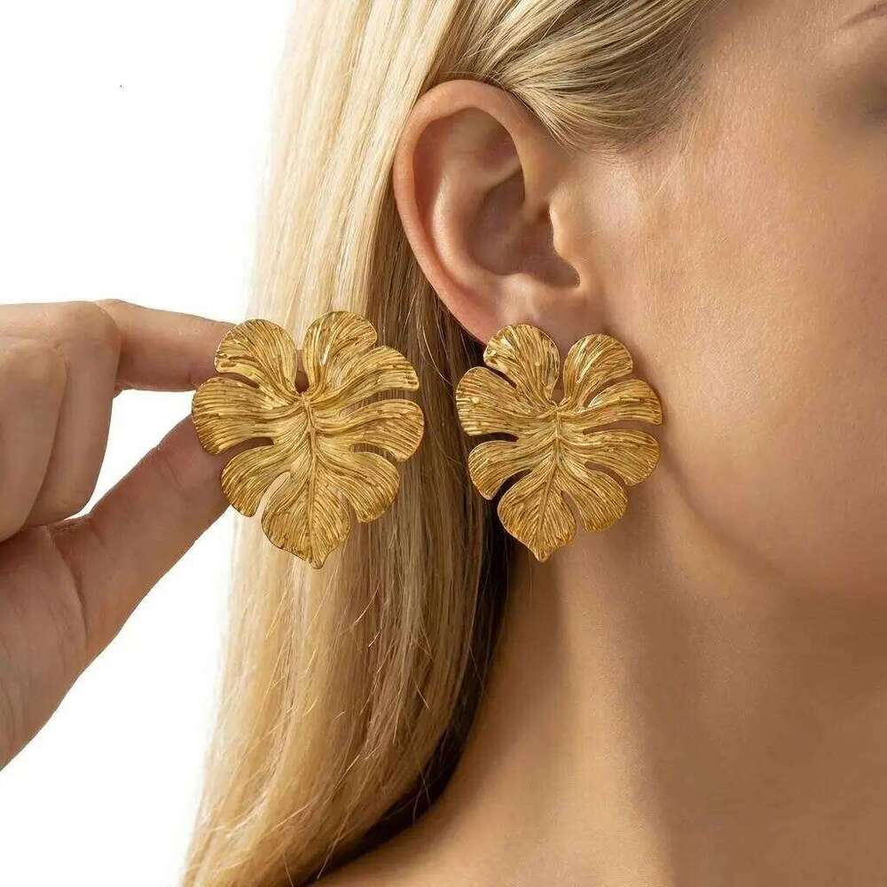 Stainless Steel Large Leaf Stud for Women Gold Color Unique Textured Geometry Piercing Earrings 2026 Trendy Jewelry