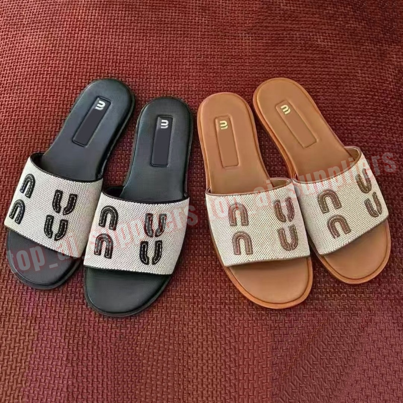Designer Slides mm Womens Sandals Slippers Designer mm Canvas Sandals Raffia-effect Woven Fabric Slides Women Summer Flip Flops Thong Sandals cas-image-987480360
