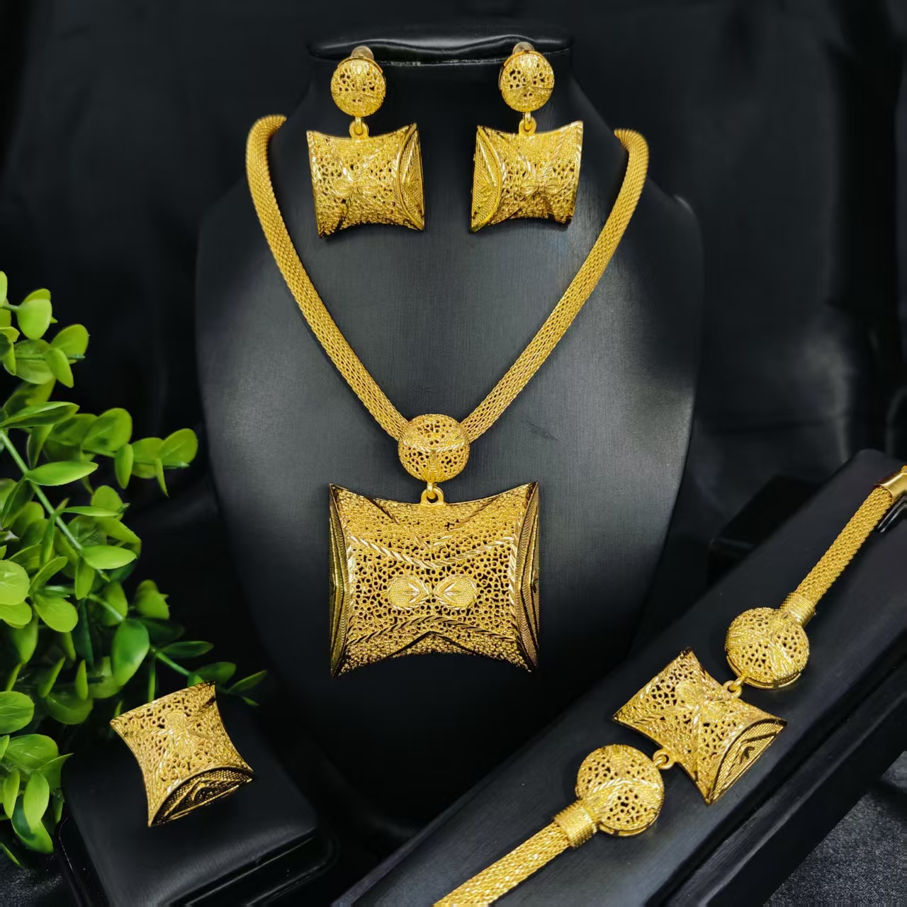 Luxury Italian Dubai Jewelry Sets For Women Design Party Necklace Earrings Ring Bracelet 24K Gold Color Wedding Gift-image-1109540870