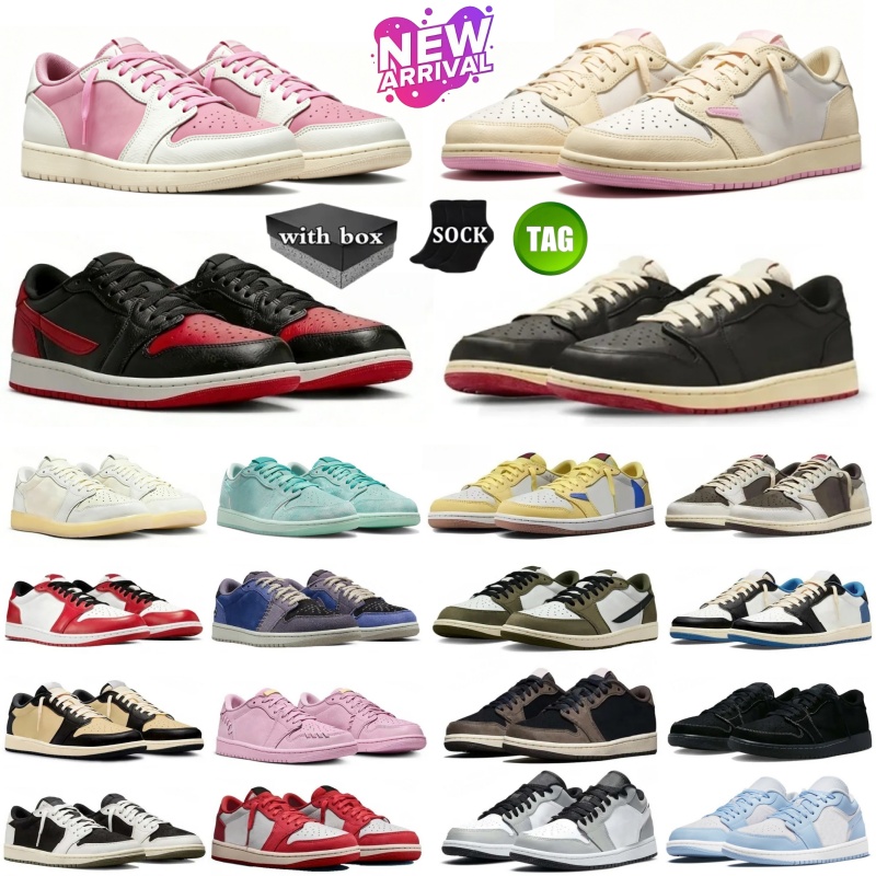 With box travis 1s 1 Low Mens Tropical Pink Basketball shoes Shy Pink Reverse Fragment Reverse Mocha Black Phantom Velvet Brown shoes Womens sports