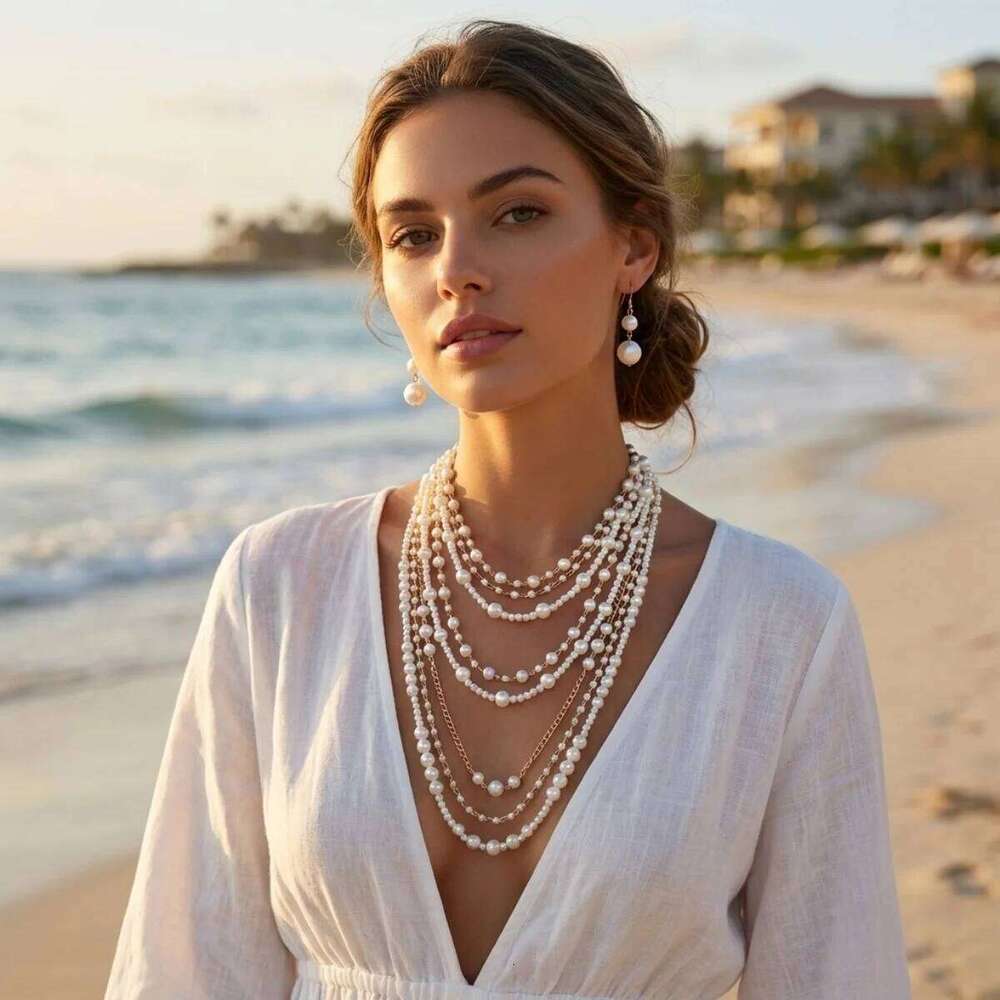 Fashion Imitation Pearl Multilayer Necklace Earrings For Women Men Luxury Elegant Geometric Wedding Bridal Party Jewelry Set