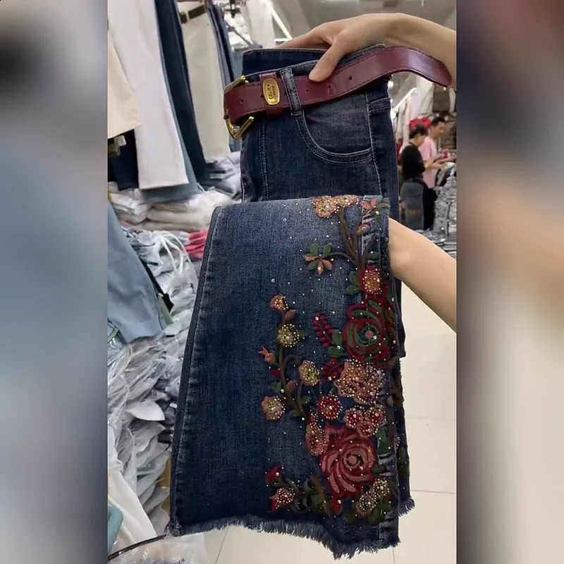 Embroidered Denim Flared Pant Spring 2025 Highwaisted Slimfitting Ethnic Style Heavy Industry Diamond Trousers 260602 05