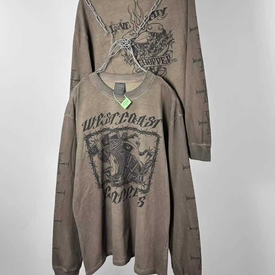 Coast Washed West Vintage White Ink Direct Print Loose Casual Long-sleeve T-shirt For Autumn
