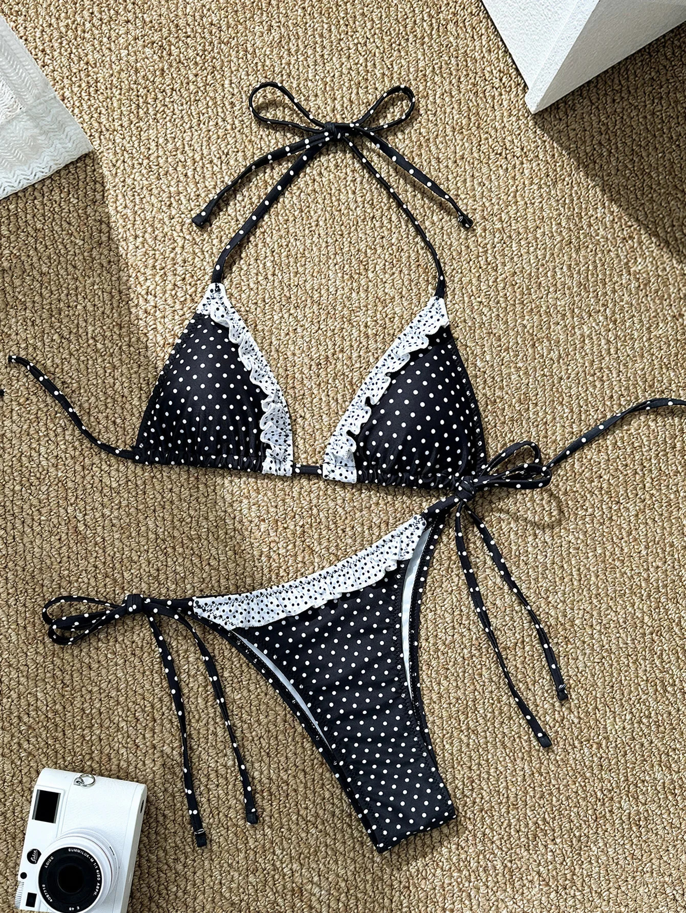 XS-XL Black Dot Print Bikini Set Women Halter Lace Patchwork Push Up Bra Tie Side Thong Swimsuit Beach Bathing Suit Swimwear 260604bj