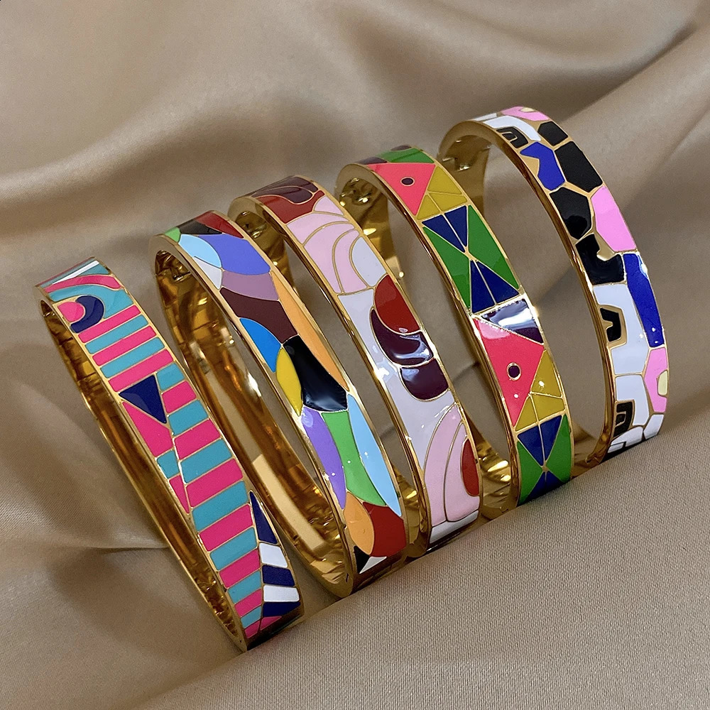 Unique Colorful Enamel Geometric Pattern Cuff Bracelet for Women Personality Gold Plated Stainless Steel Bangles Charm Jewelry 260608