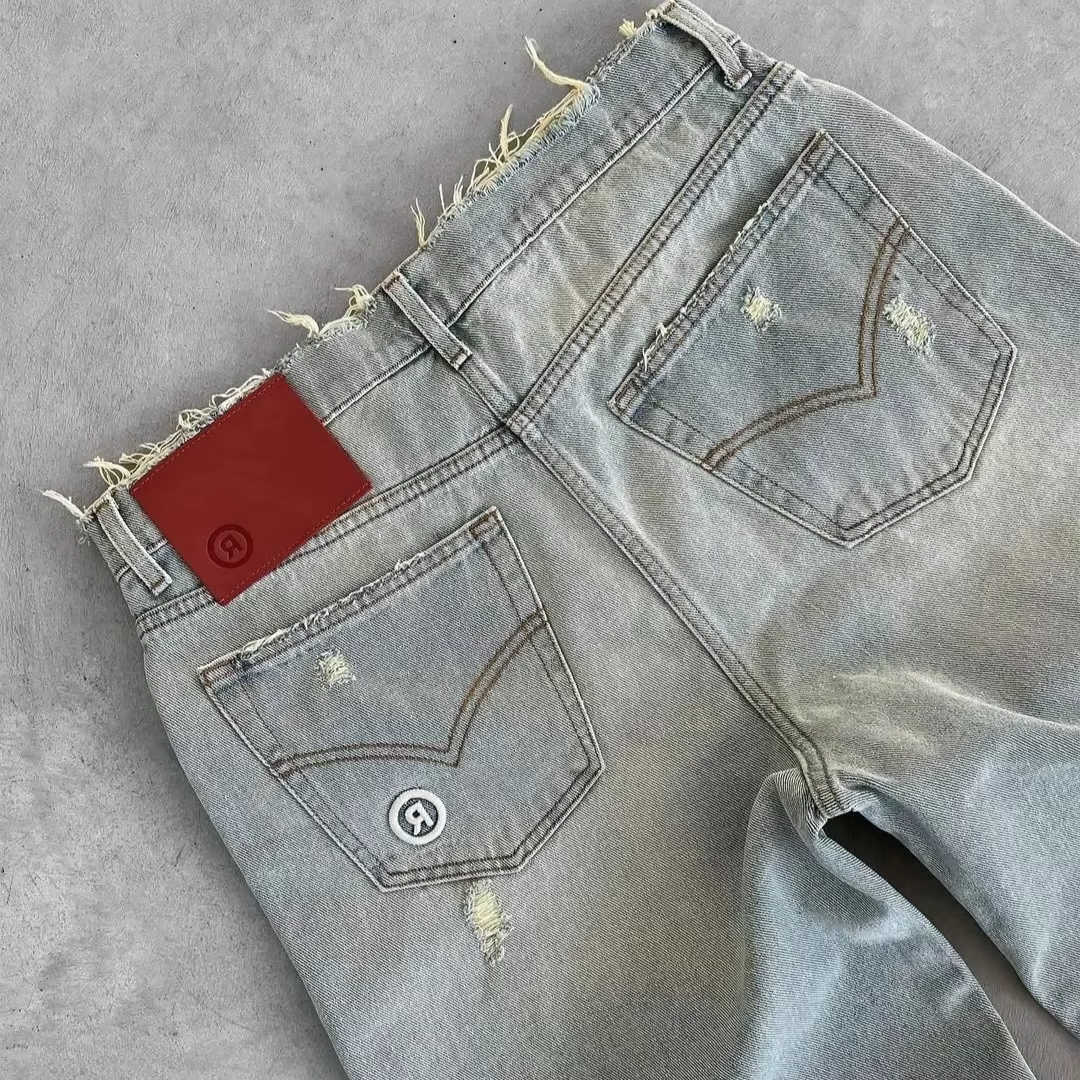 Graphic Patch Retro Jeans Raw Edge Embroidery Black Baggy Jeans Wide Leg Denim Pants Mens Womens S260608