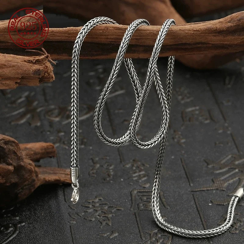S925 Pure Silver Mens Necklace 3MM Foxtail Necklace for Men Individuality Vintage solid Silver Snake Bone Chain 260604