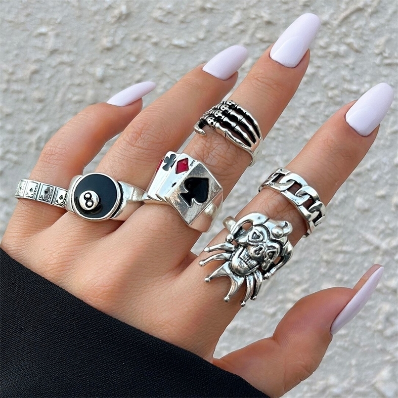 Hip Hop Vintage Skull Ghost Claw Poker Clown Ring Set for Women Hollow Geometric Size 8 Jewelry Steampunk Men 260605CJ