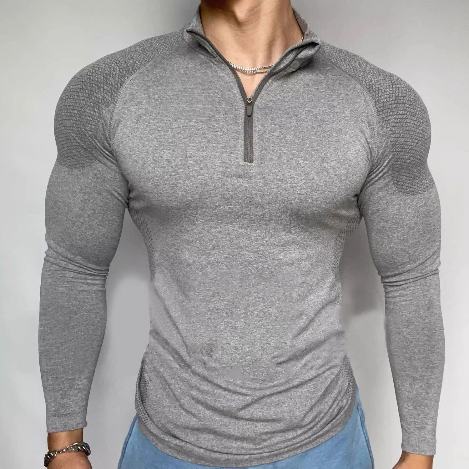 Mens Shark Quick-Dry Breathable Slim-Fit Half-Zip Training Top Long Sleeve Running T-Shirt Autumn Fitness Workout Baselayer 260608