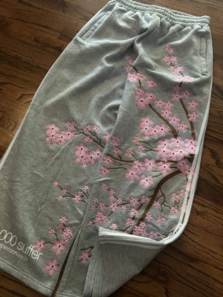 Y2k American Casual Pants Men Women Harajuku Retro Cherry Blossom Embroidery Loose Sports Pants Casual Fashion Wide Leg Pants 260604bj