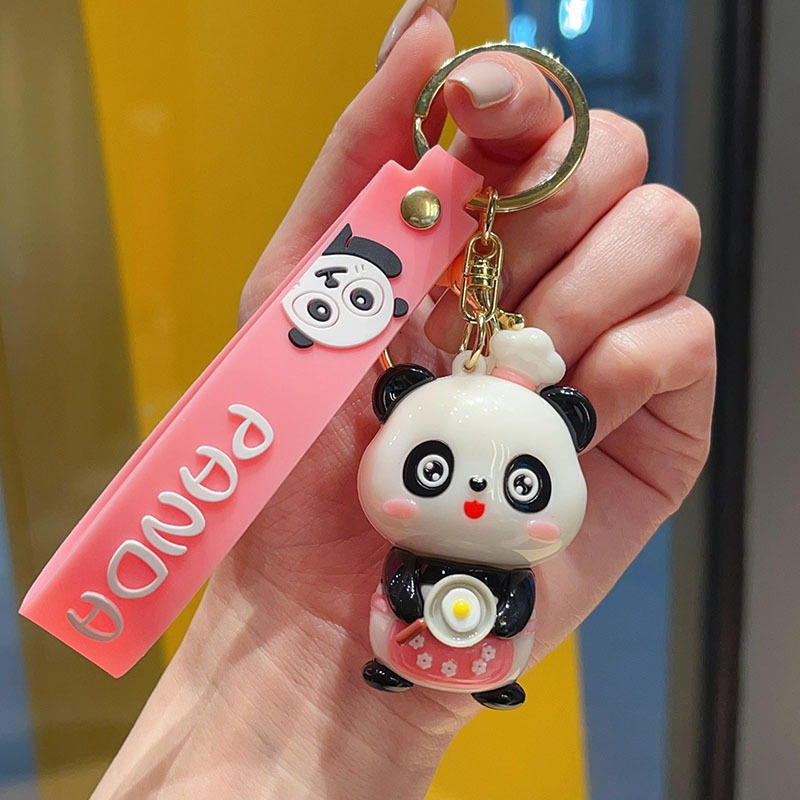 Cute Panda Keychain Electroplated PVC Doll Key Ring Snack Themed Cartoon Animal Bag Charm Car Pendant Couple Designer Gift for Birthday Christmas Da