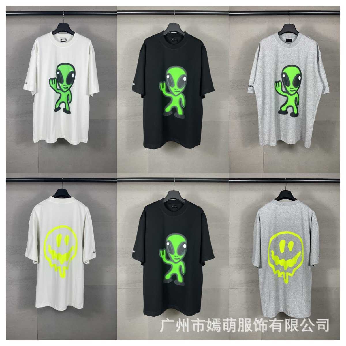 High quality designer clothing High-Quality Paris B Brand 2025 Summer Alien Funny Print Right Sleeve Letter Embroidery Unisex Short Sleeve T-Shirt T