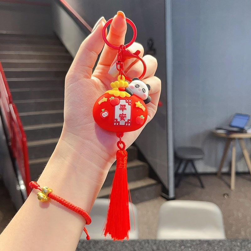 Cute Panda Keychain Lucky Pouch Tassel Pendant Chinese Style Cartoon Bag Charm Car Hanging Decor for Good Designer Luck Gift