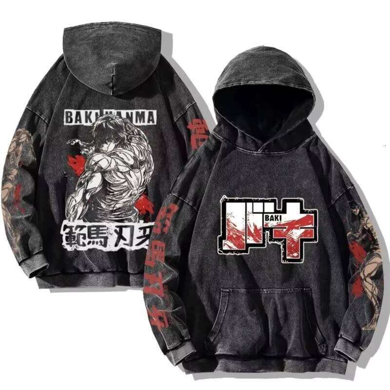 Baki Hanma Anime Print Hooded Men Women Vintage Trendy Hoodies Plus Size Washed Cotton Sweatshirt Harajuku Unisex Streetwear 26Y0608