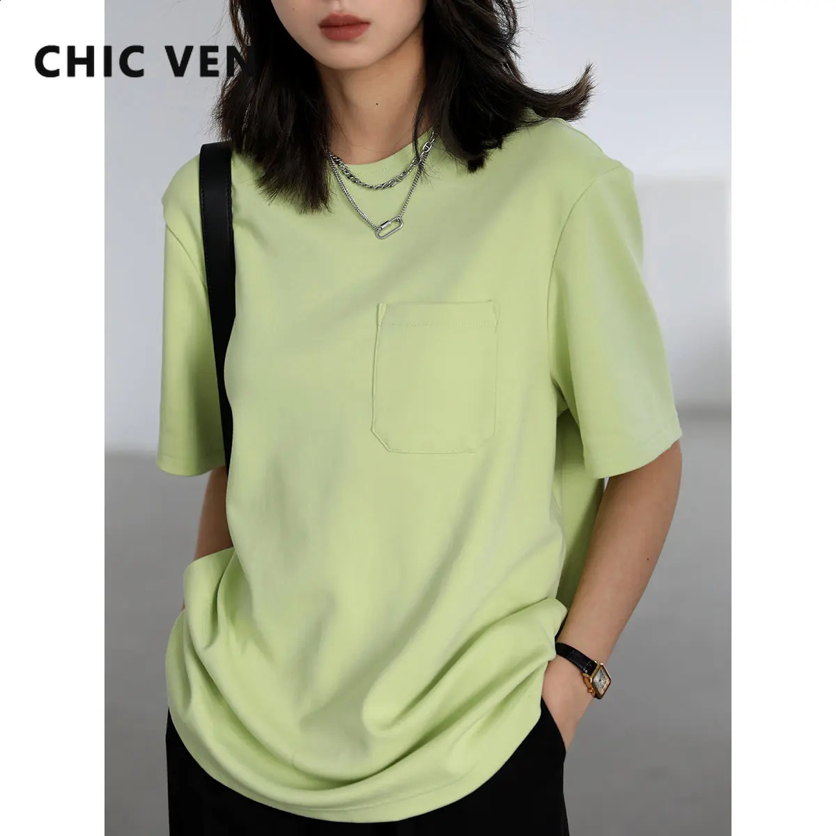 CHIC VEN Womens T Shirt Solid Casual Short Sleeve Cotton Tee Loose Pocket Woman TShirts Female Tops Basic Summer Clothing 260608