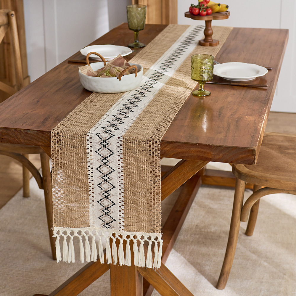 Cotton and linen woven table runner with tassels and openwork, rustic farmhouse dining table decoration, bohemian style long coffee table tablecl-image-1109511045