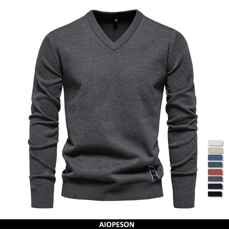 AIOPESON Mens V-neck Solid Cotton Pullover Sweaters Long Sleeve Casual Social Knitted Sweaters for Men i260608