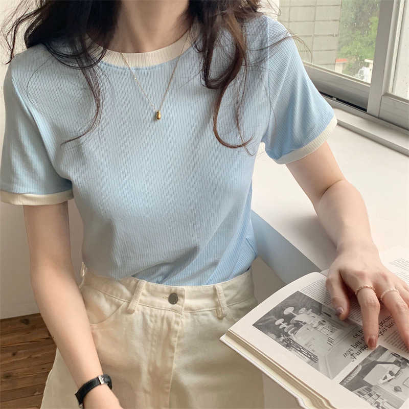 New Crop Tops Fashion Summer Women Slim O-Neck Patchwork Solid Y2K Womens Tops Casual Sweet Vintage Short Sleeve T-shirts 2025 M260609
