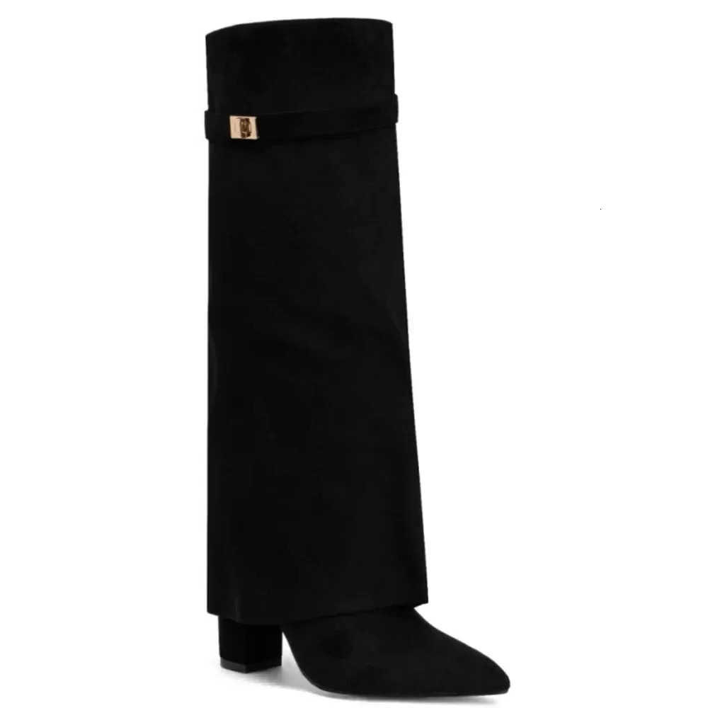 New 2025Autumn and Pointed Winter Metal Knee High Womens Boots Thick High-heeled Pants Boots Fashionable Mid Leg Boots H260609