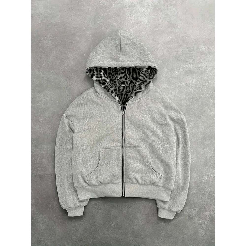 Gray Reversible Zip Up Hoodie with Leopard Print Lining Oversized Streetwear Y2K Casual Hooded Jacket Daily Wear All Season Swea 26L0609