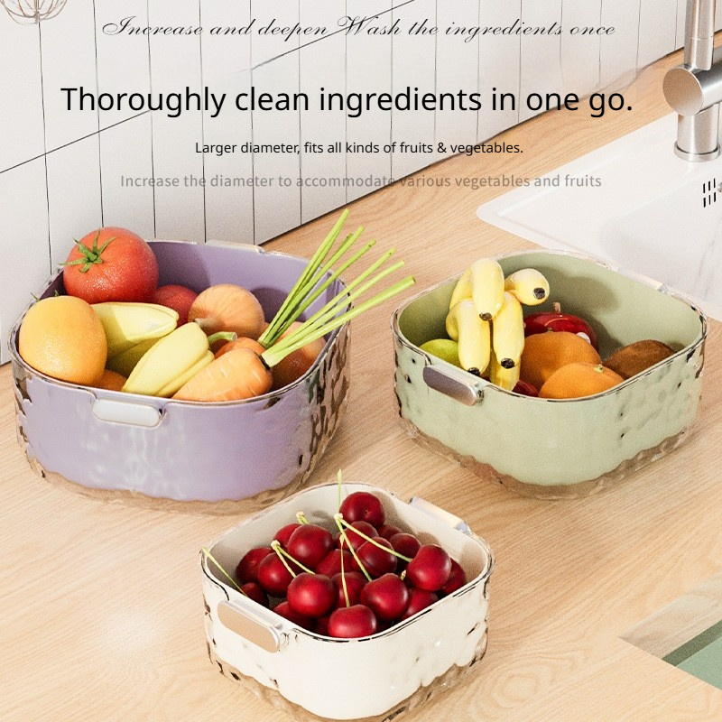Six-piece set of double-tier vegetable washing bowls with draining baskets - simple plastic fruit and vegetable washing bowls for the kitchen