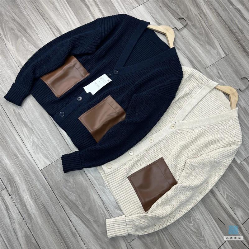 Men's Sweaters DIANRUO Spanish Single Contrasting Color PU Leather Pocket Wool Knitted Autumn And Winter High-end Loose Cardigan Sweater
