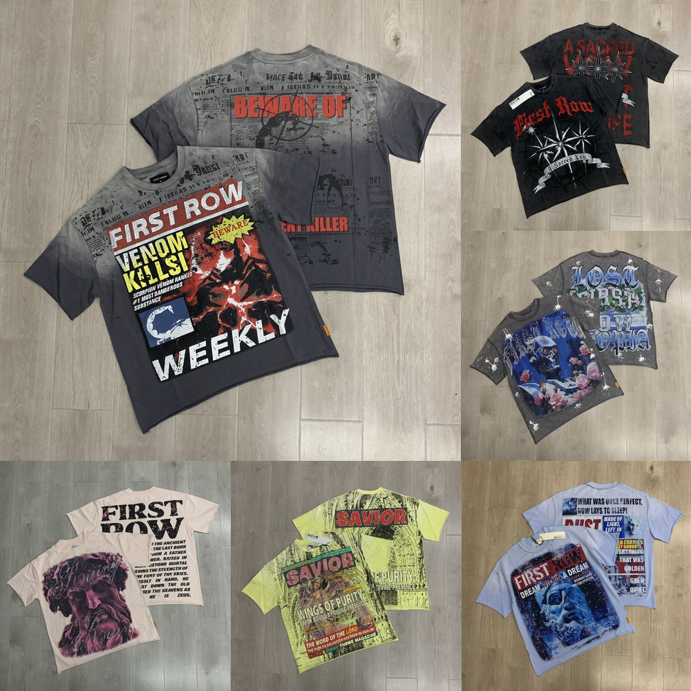 Designer Mens Tshirts First Row streetwear High Street washed vintage Hip Hop Graphic Print rhinestone loose unisex cotton short-sleeve T-shirt Firs