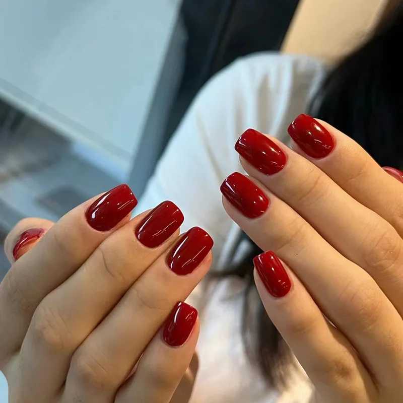 Luxury 2026 New 24 Pcs Short Solid Color Press On Acrylics Autumn Winter Year Red False Nails Reusable Adhesive Square Nail Free Shipping X261015