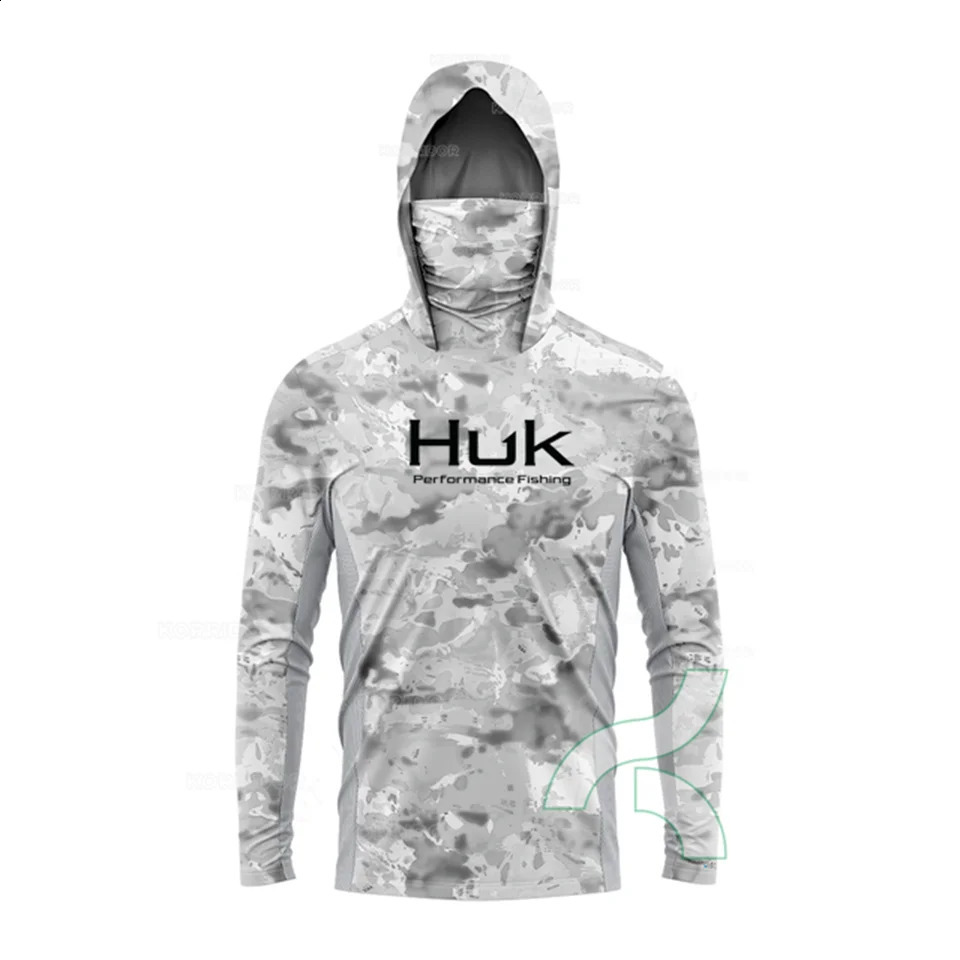 HUK Fishing Shirt Summer Long Sleeve Hooded Shirts With Face Mask Fish Clothing Outdoor Sun Protection Tshirts UPF 50 260609