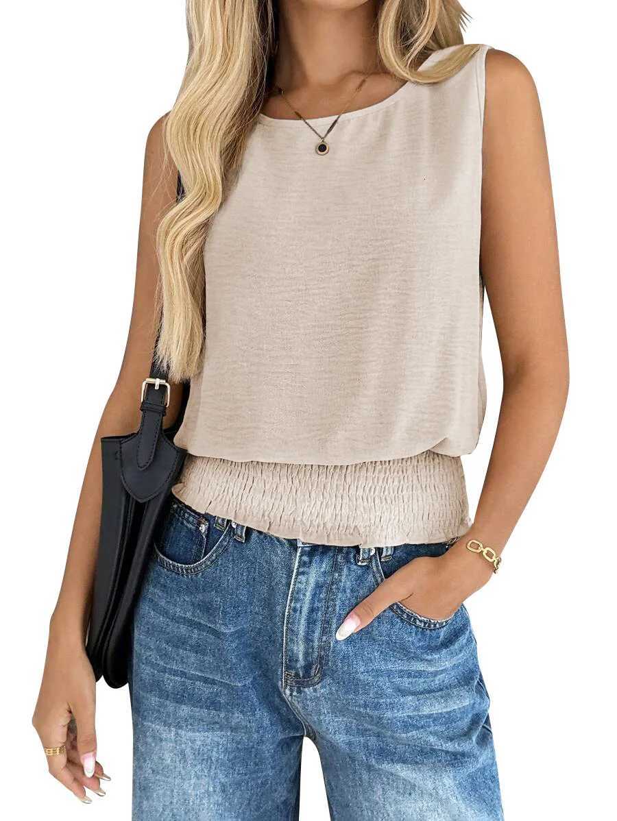 2026 European and American Cross-border Foreign Trade Womens New Pure Color Round Neck Sleeveless Hem Pleated Leisure Vest J260609