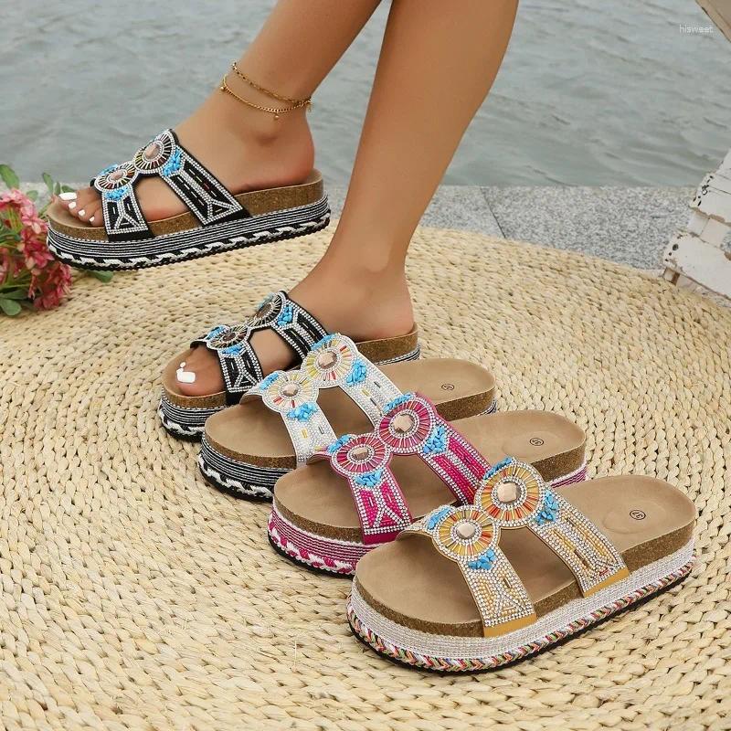 Slippers Soft Sole Flip-flops Women's Outer Summer Fashion Versatile Rhinestone Wedge Non-slip Wear Sandals And