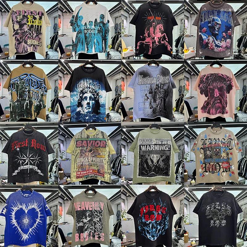 Men's T Shirts Streetwear Vintage Shirt FIRST ROW Washed Diamond Cropped Tee For Men Crew Neck Oversized Short Sleeve Loose Cotton T-shirts