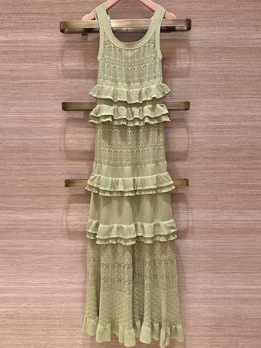 Spring/Summer Women O-Neck Sleeveless Tiered Ruffle Solid Knit Dress Pleated High Waist A-line Elegant Camisole Maxi Skirt