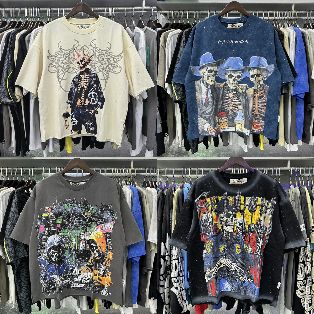 Mens Tshirts Designer BKYS streetwear fashion Graphic Print rhinestone High Street washed vintage loose tees unisex cotton terry short-sleeve T-shir
