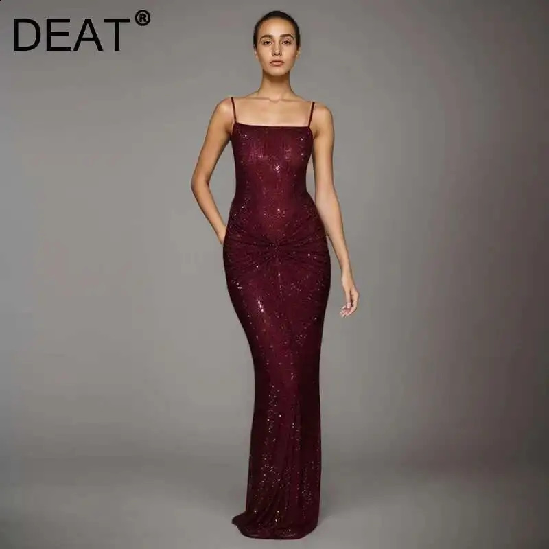 DEAT Fashion Gray Drilling Spaghetti Strap Dress Womens Slim Fit Backless Folds Split Floor-length Dresses 7AB8510 260609BJ
