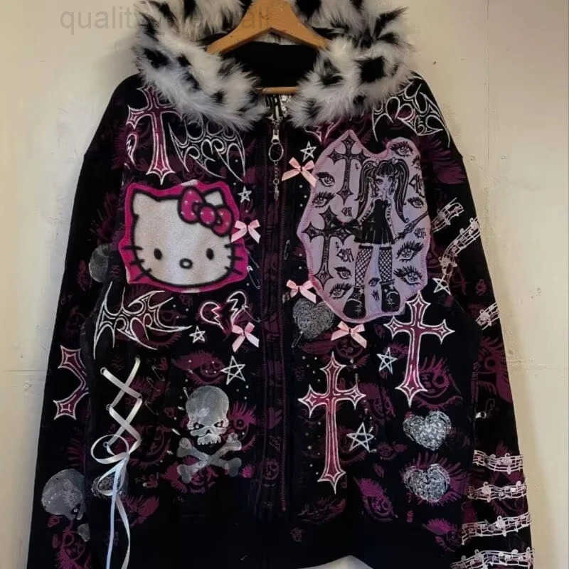 Hooded Hello Kittys Zipper Jacket American Y2K Women Graphic Hoodies with Fur Collar Fashion Girls High Street Tops Streetwear X260609