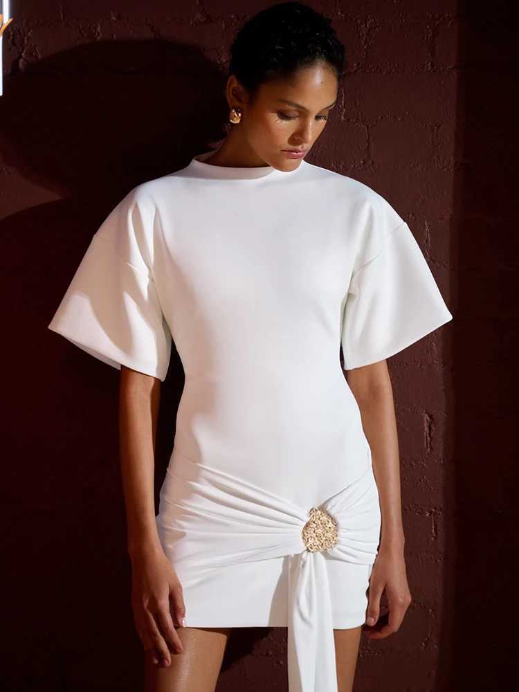 Mozision Fashion Short Sleeve Ruched Sexy Mini Dress Women Elegant Metal Decoration Solid O Neck High Waist Club Dresses NewT260609