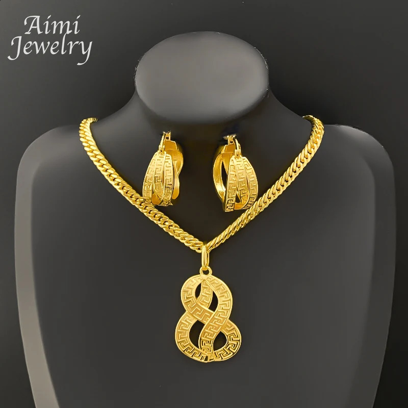 Geometric Dubai 18K Gold Plated Jewelry Set y Necklace Earrings Pendant with Chain Party Daily Wear Bridal Wedding Gifts 260608