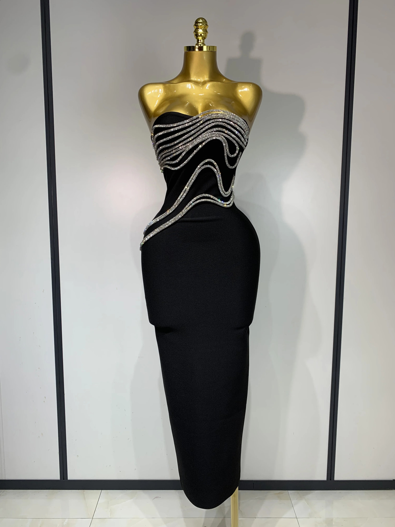 Women Sexy Strapless Diamond Lines Bodycon Bandage Long Dress Celebrity Red Carpet Dress Elegant Evening Birthday Party Dresses 260609BJ