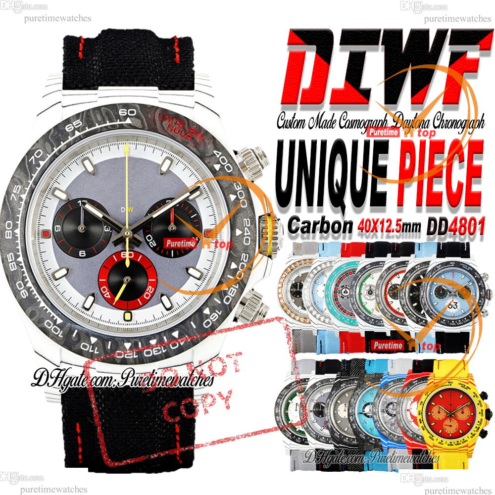 DIW UNIQUE PIECE DD4801 Automatic Chronograph Mens Watch DIWF 40mm White Carbon Case Grya Red Dial Black Nylon Strap Puretimewatches Forged CHS Relo