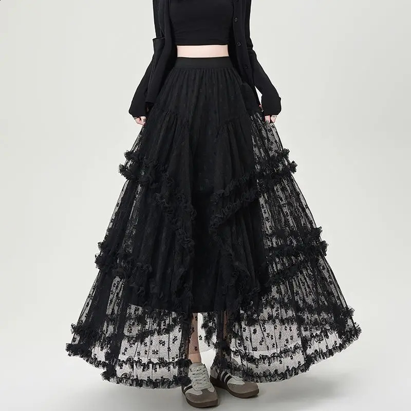 Vintage Gothic Black Skirts Women Fairycore Grunge Lace Patchwork Trumpet Skirt Punk Streetwear Partywear Emo Alt Skirts 260609BJ