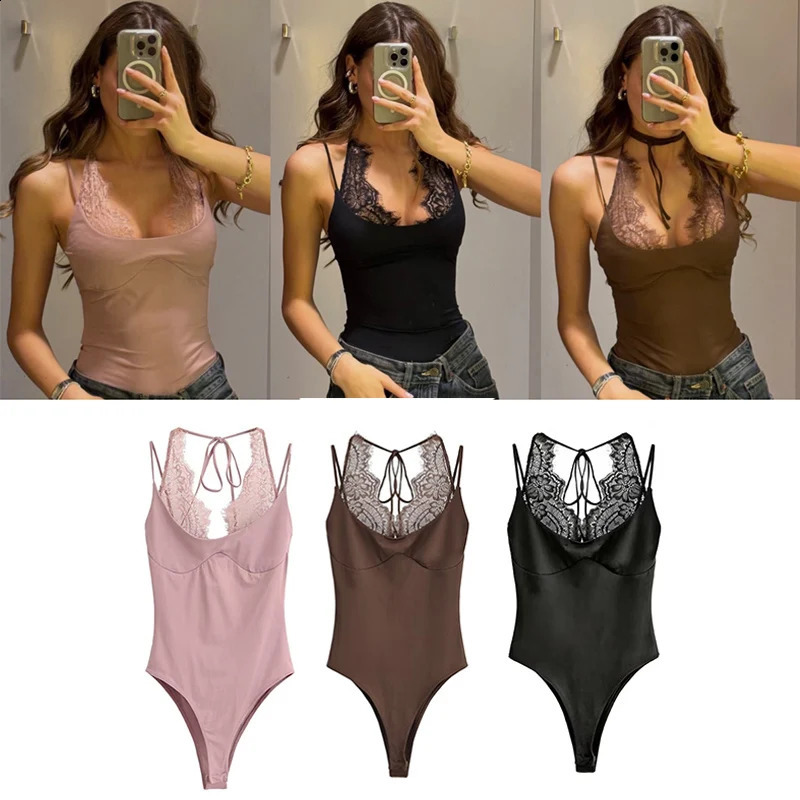 Womens Bodysuit 2026 Fashion Spring Summer Brown Spliced Lace for Women Chic Personality Spaghetti Strap 260612