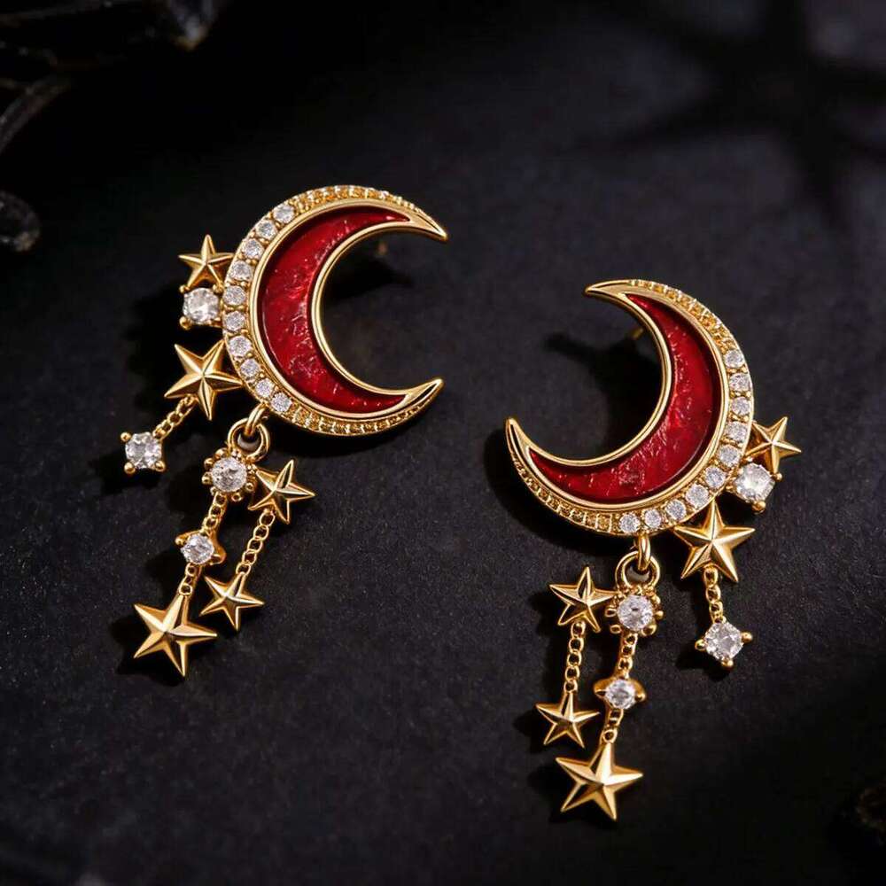 Designer Red Pattern Moon & Zircon Gold-Plated Star Tassel Dangle Earrings Fashion Personality Women's Party Jewelry