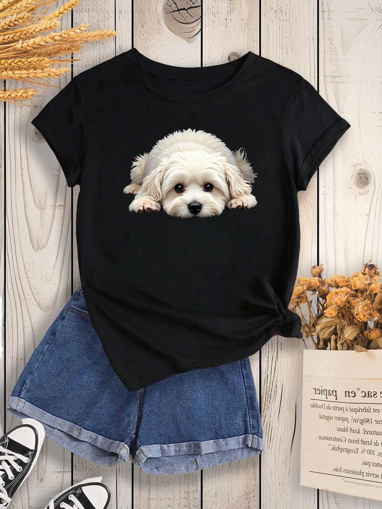 Neck Womens Casual Sleeve Crew T-Shirt - Cute Maltese Dog Print Vibrant Green Medium Stretch Womens Harajuku Sleeve Casual M260609