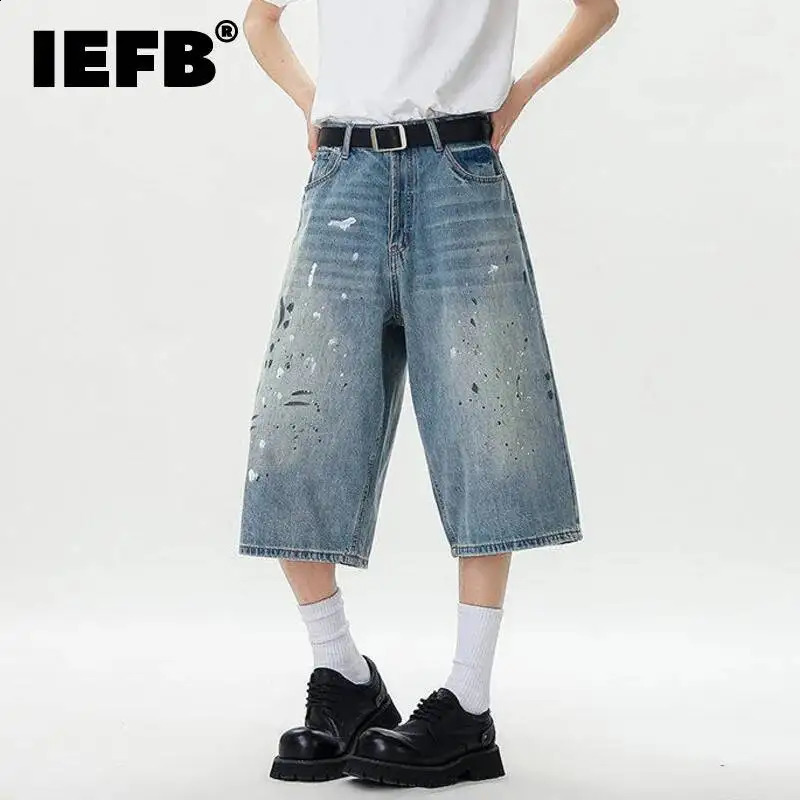 IEFB Fashion Mens Denim Trousers Splash-ink Contrast Color Casual Summer Shorts Straight Leg Male Jeans Niche Menswear 9W3170 260609BJ