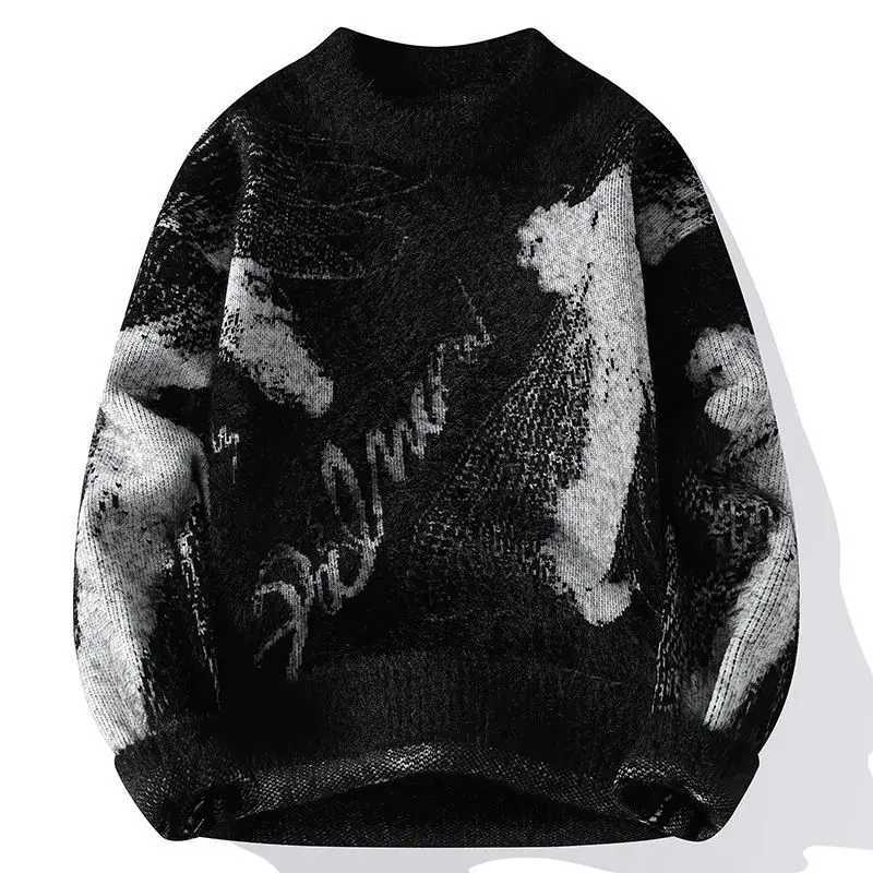 Mens Vintage Sweater Contrasting Color Casual Knitted Long Sleeved Bottom Printed Pullover Harajuku Half-high Collar Sweaters X260609