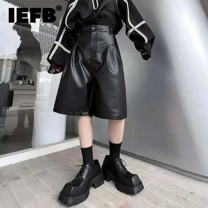 IEFB High Street Mens Casual PU Shorts American Style Fashion Niche Wide Leg Short Pants 2026 Summer Male Clothing 9A8796 260609BJ