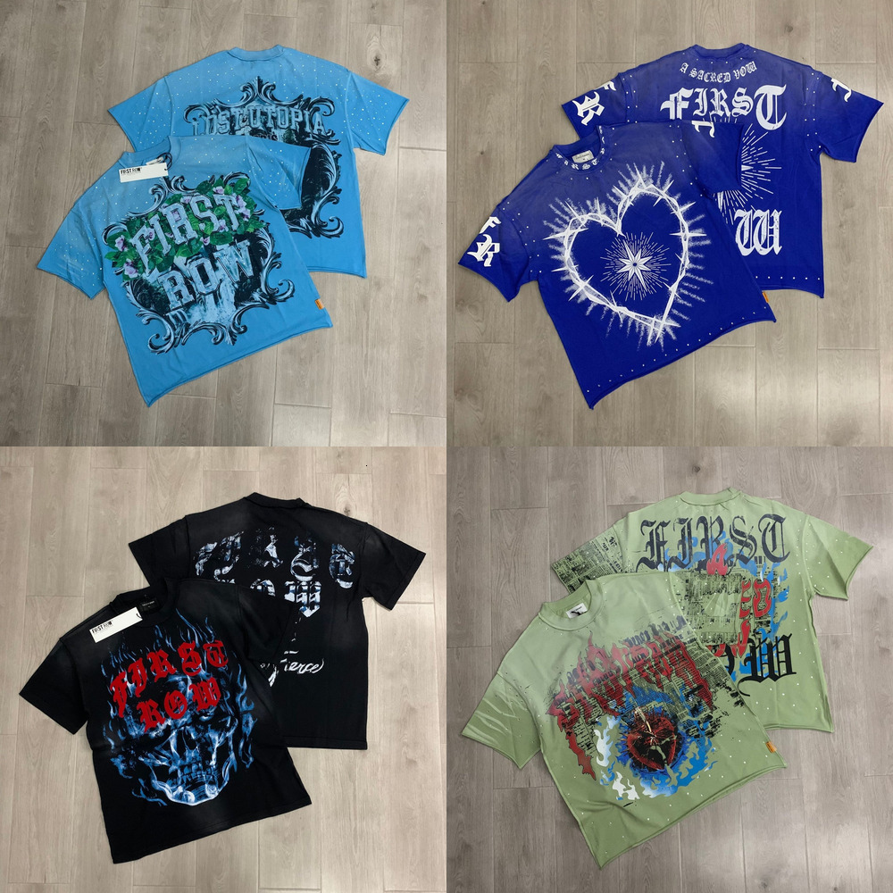 Designer Mens Tshirts First Row streetwear High Street washed vintage Hip Hop Graphic Print rhinestone loose unisex cotton short-sleeve T-shirt Firs
